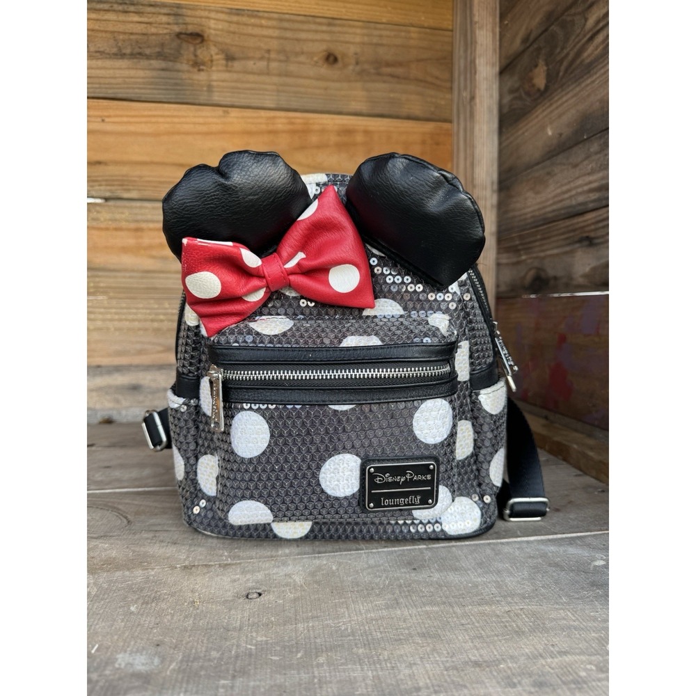 Loungefly Disney Minnie Mouse Sequins Polka Dot Black White Red‎ Mini Backpack